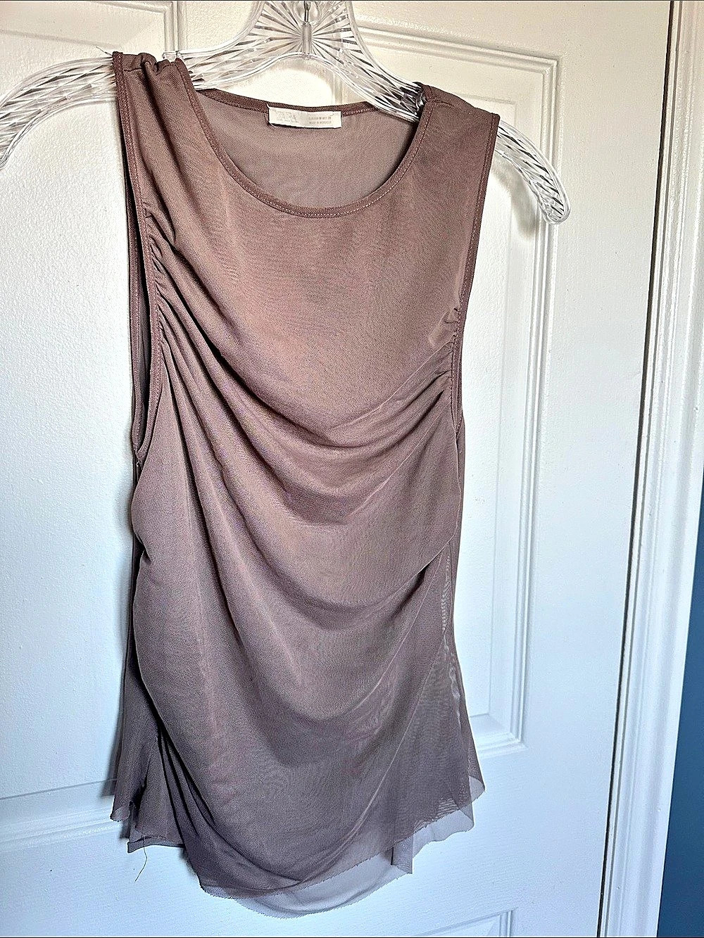 Zara Draped Mesh Tank Top in Brown Size Medium